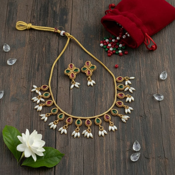 aditional Gold-Plated Choker Necklace Set with Pearl Drops